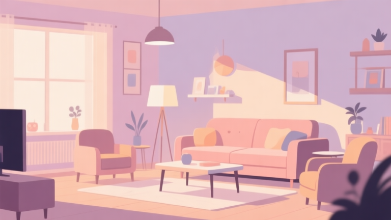 自动生成图片: A cozy living room interior design in soft pastel colors, showing furniture arrangement and decoration elements, minimalist flat design style with warm lighting high quality illustration, detailed, 16:9