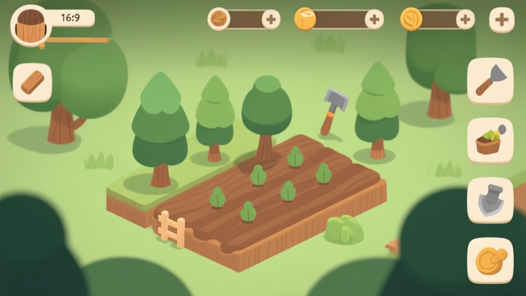 minimalist game interface showing wood farming simulation with trees, tools and resource management icons, soft green and brown color palette high quality illustration, detailed, 16:9