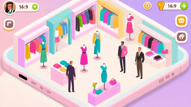 自动生成图片: Fashion tycoon game interface showing colorful clothing store layout with mannequins and customers, pastel color palette, clean mobile game design high quality illustration, detailed, 16:9