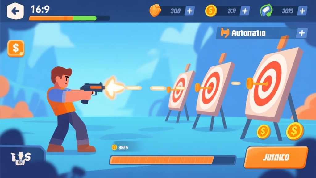 Game interface illustration showing automatic shooting mechanics with character shooting targets, progression bars and currency indicators, soft color palette with blue and orange accents high quality illustration, detailed, 16:9