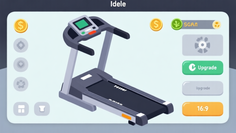 自动生成图片: Treadmill Idle game interface showing treadmill mechanics, upgrade buttons, and currency display in minimalist design style high quality illustration, detailed, 16:9