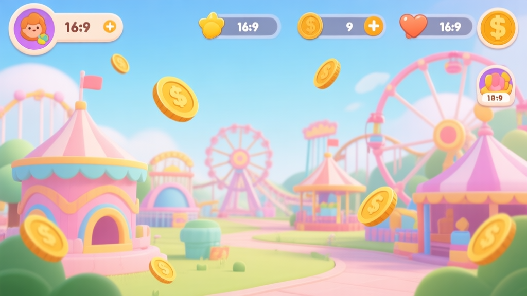 Colorful mobile game interface showing various amusement park attractions with coins floating around, cartoon style with soft pastel colors high quality illustration, detailed, 16:9
