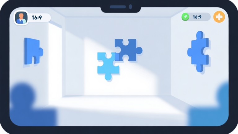 自动生成图片: minimalist game interface design showing clean white room with subtle shadow details, soft blue accent colors, abstract puzzle elements arranged neatly, professional mobile game layout high quality illustration, detailed, 16:9