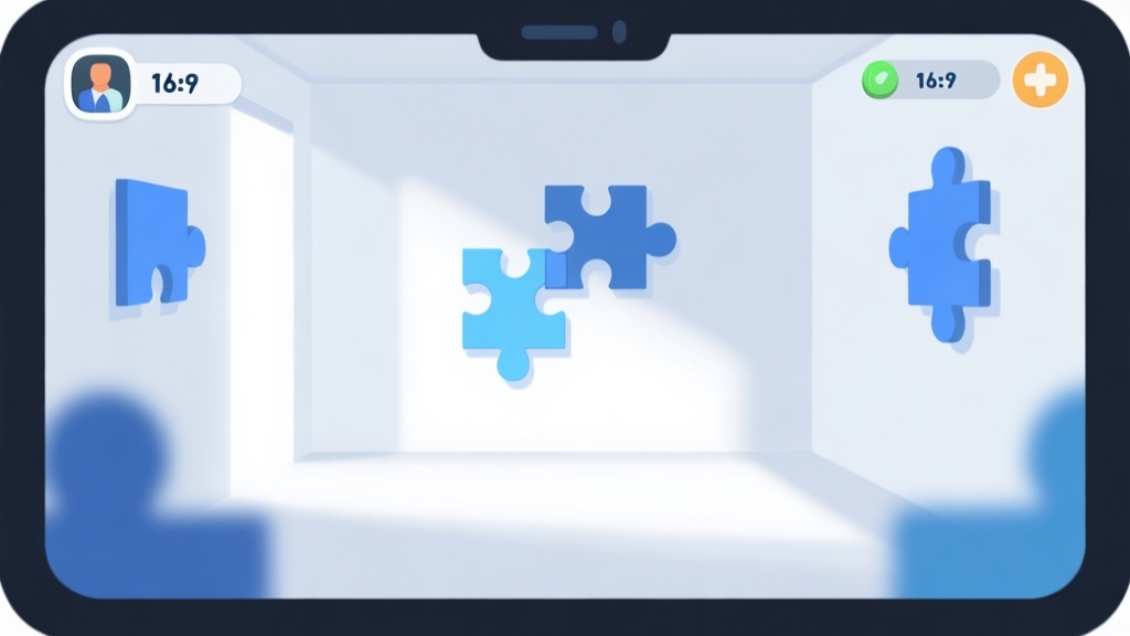 minimalist game interface design showing clean white room with subtle shadow details, soft blue accent colors, abstract puzzle elements arranged neatly, professional mobile game layout high quality illustration, detailed, 16:9