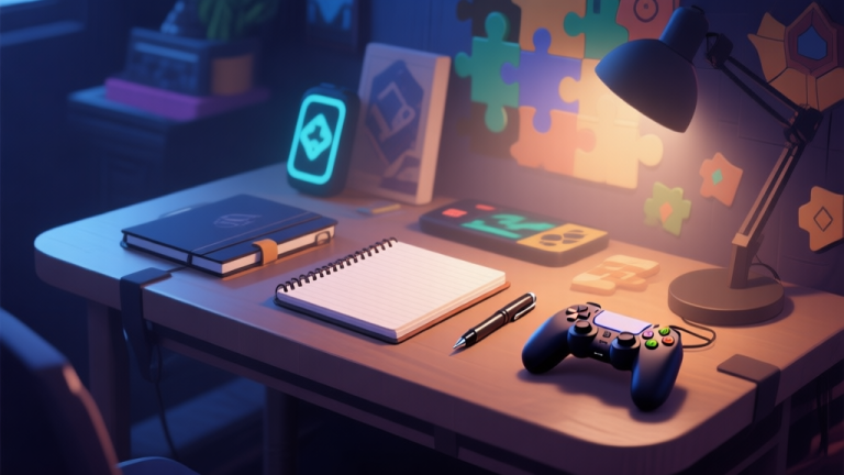 自动生成图片: Game preparation setup showing notebook, pen, and gaming device on table with mysterious atmosphere, soft lighting, puzzle elements in background high quality illustration, detailed, 16:9