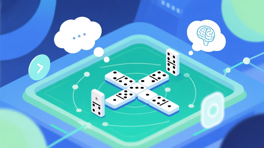 Abstract illustration of virtual domino game interface with psychological elements floating around, showing thought bubbles and connection lines between players, soft color palette with blue and green tones high quality illustration, detailed, 16:9
