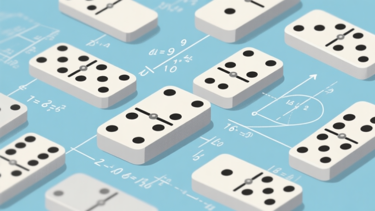 自动生成图片: Professional illustration of domino tiles arranged in probability calculation patterns, soft blue and grey color scheme, clean mathematical diagrams high quality illustration, detailed, 16:9