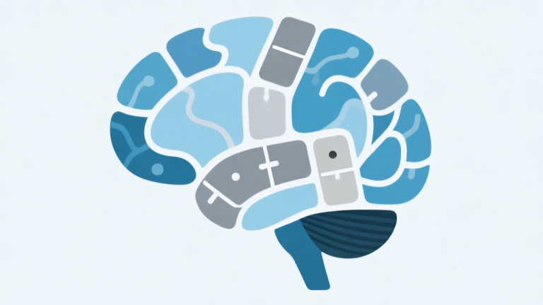自动生成图片: Abstract illustration of domino pieces forming a brain shape, soft blue and grey color scheme, minimalist design with neural connections high quality illustration, detailed, 16:9