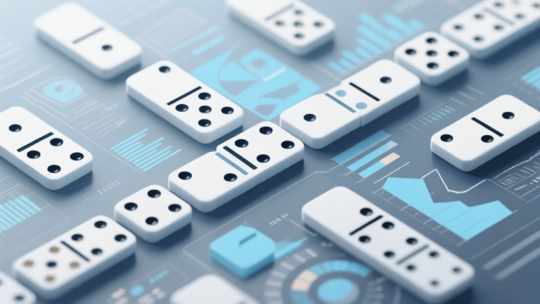 自动生成图片: Abstract domino pieces arranged in analytical patterns with data visualization elements, soft blue and gray color scheme, professional gaming concept high quality illustration, detailed, 16:9