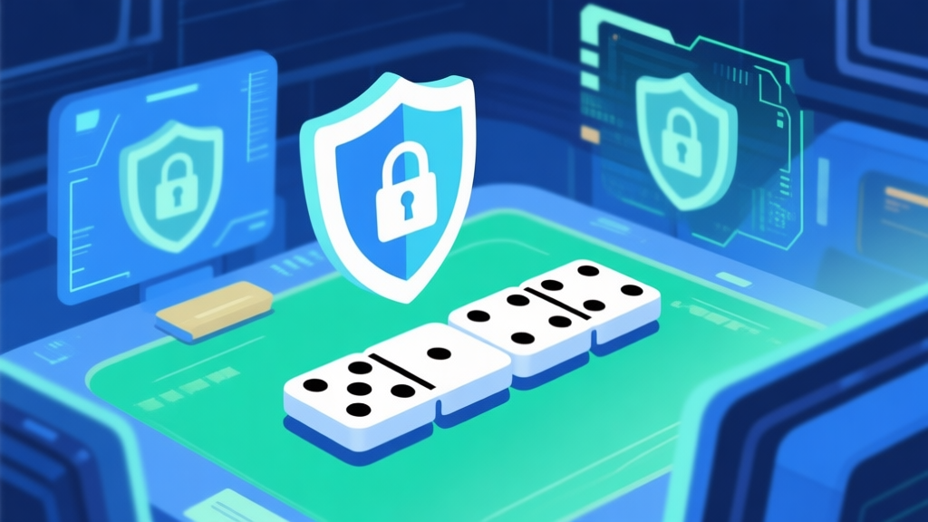Illustration of a secure online gaming environment with shield icons protecting domino pieces, soft blue and green color scheme, digital security elements high quality illustration, detailed, 16:9
