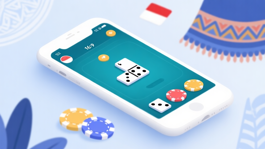 Modern mobile interface showing domino game in progress, clean design with virtual chips and cards, soft blue and white color scheme, Indonesian cultural elements in background high quality illustration, detailed, 16:9