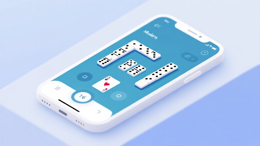Modern domino game interface on mobile devices, showing clean card layout and user-friendly controls, soft blue and white color scheme, minimalist design high quality illustration, detailed, 16:9
