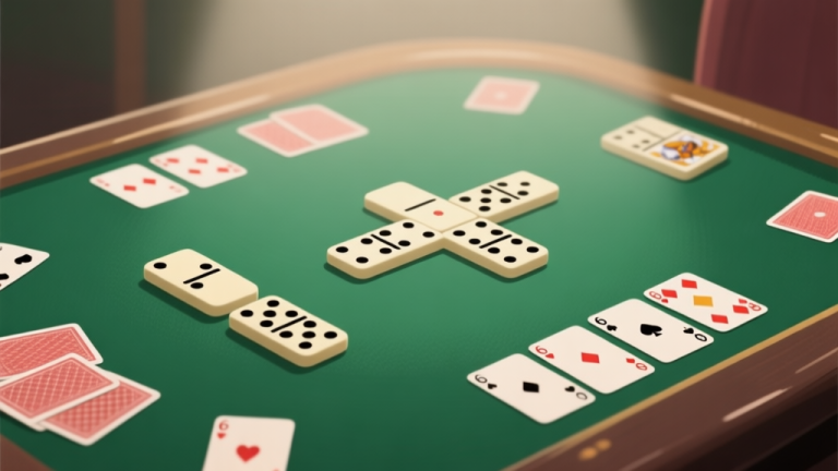 自动生成图片: Professional illustration of domino 6 kartu game setup with cards arranged on green felt table, soft lighting, muted color palette high quality illustration, detailed, 16:9