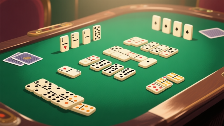 自动生成图片: Illustration of domino caps cards arrangement on green felt table, showing different card combinations and scoring patterns, soft lighting, professional gaming setup high quality illustration, detailed, 16:9