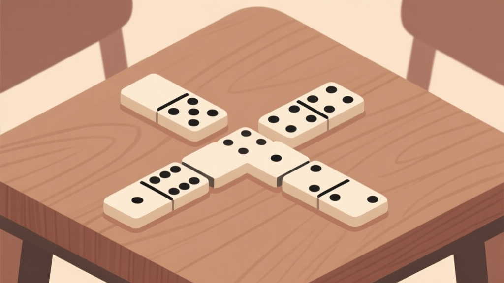 Flat design illustration of domino tiles arranged in strategic patterns on wooden table, soft earth tone color palette, clean lines high quality illustration, detailed, 16:9