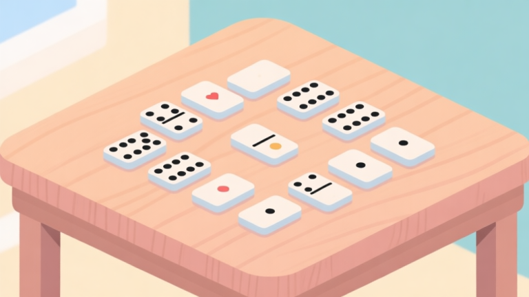 自动生成图片: Flat design illustration of domino cards arranged in a pattern on a wooden table, soft pastel colors, clean lines, educational style high quality illustration, detailed, 16:9
