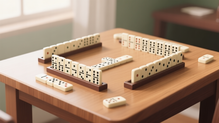 自动生成图片: Professional domino game setup with neatly arranged tiles on wooden table, soft natural lighting, clean composition high quality illustration, detailed, 16:9