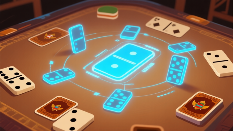 自动生成图片: Digital illustration of traditional Indonesian domino cards transforming into glowing digital interface, warm earthy tones with blue digital accents, showing connection between physical and virtual gaming high quality illustration, detailed, 16:9