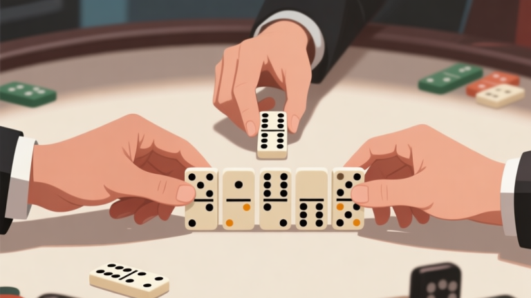 自动生成图片: Three hands holding domino tiles in strategic formation, soft neutral background, professional gaming setup high quality illustration, detailed, 16:9