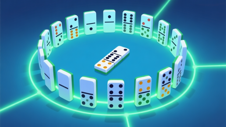 自动生成图片: Digital illustration of domino pieces arranged in a circle with glowing connection lines, representing online tournament preparation, soft blue and green color scheme high quality illustration, detailed, 16:9