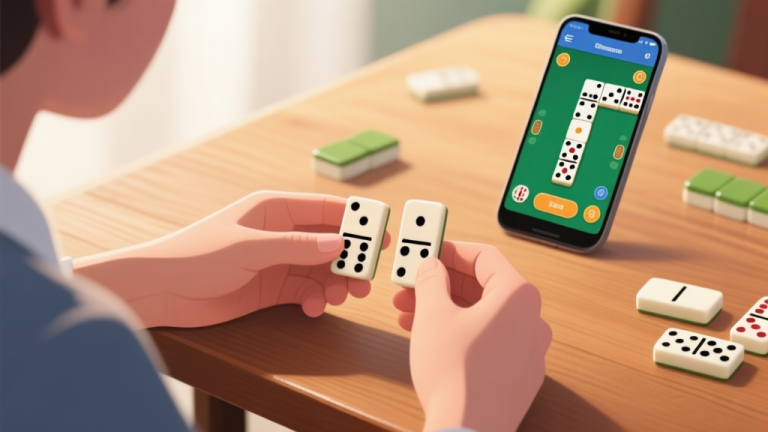 自动生成图片: A person's hands holding domino tiles on a wooden table, with a smartphone showing a domino game app interface in the background, soft natural lighting high quality illustration, detailed, 16:9