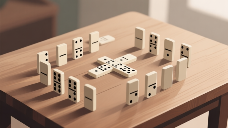 自动生成图片: Abstract illustration of domino pieces arranged in strategic patterns on a wooden table, soft natural lighting, muted earth tones, analytical concept high quality illustration, detailed, 16:9