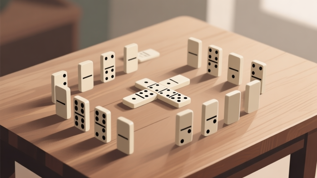 Abstract illustration of domino pieces arranged in strategic patterns on a wooden table, soft natural lighting, muted earth tones, analytical concept high quality illustration, detailed, 16:9