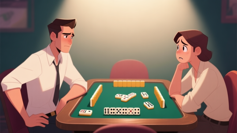 自动生成图片: Two players facing each other across a domino table, one showing confident body language while the other appears uncertain, soft lighting with focus on facial expressions high quality illustration, detailed, 16:9