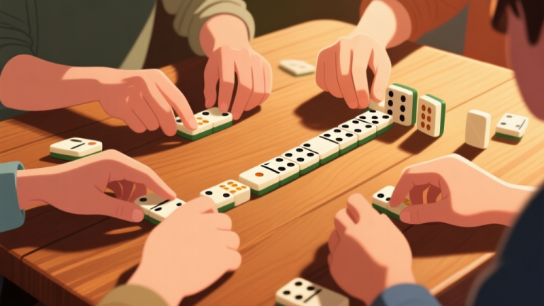 自动生成图片: Four hands arranging domino tiles on wooden table, casual gaming setting, warm lighting, natural shadows high quality illustration, detailed, 16:9