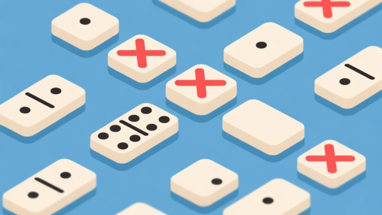 自动生成图片: Flat design illustration of domino pieces arranged in a pattern, showing common mistakes with red X marks, soft color palette with blue and beige tones high quality illustration, detailed, 16:9