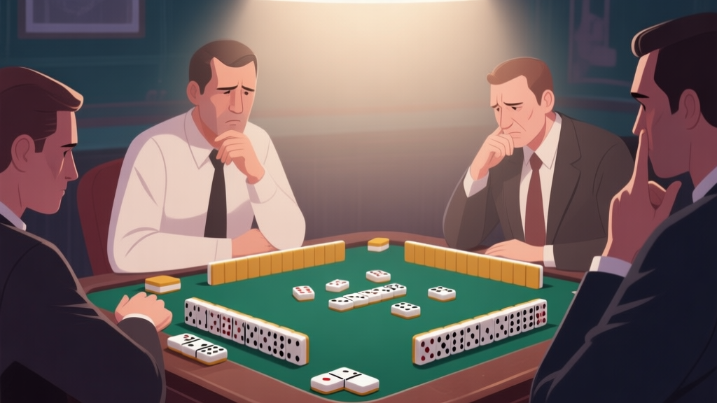 Professional domino game setup with psychological elements, players analyzing each other's expressions, soft lighting, strategic atmosphere high quality illustration, detailed, 16:9