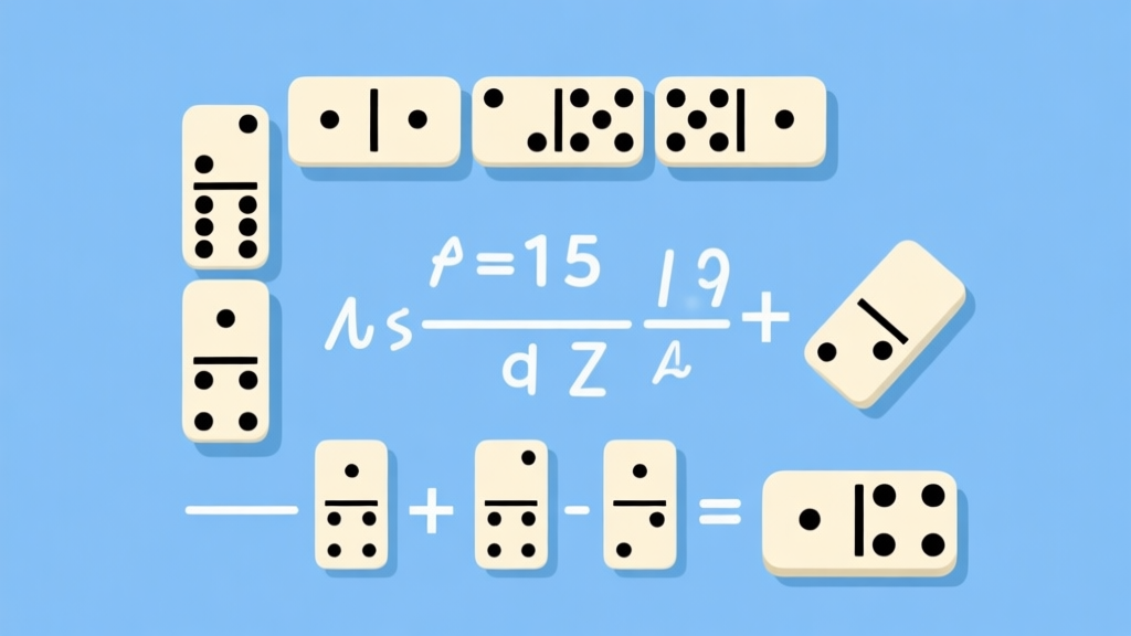 Professional domino arrangement showing probability calculation, clean layout with mathematical symbols, soft blue background, educational infographic style high quality illustration, detailed, 16:9