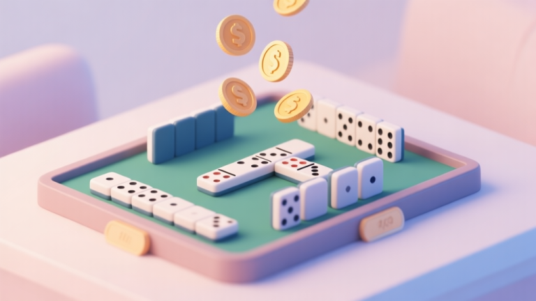 自动生成图片: Modern domino game setup with virtual coin rewards floating above the tiles, soft pastel color scheme, clean minimalist design high quality illustration, detailed, 16:9