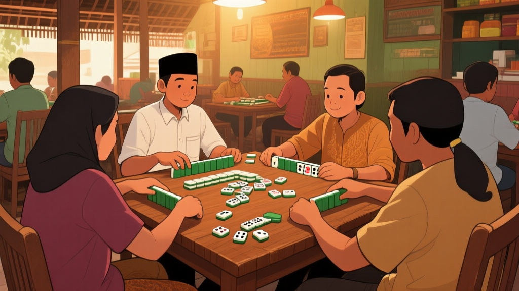 A group of diverse Indonesian people playing dominoes around a wooden table in a traditional warung setting, warm lighting, casual atmosphere, domino tiles scattered on the table high quality illustration, detailed, 16:9