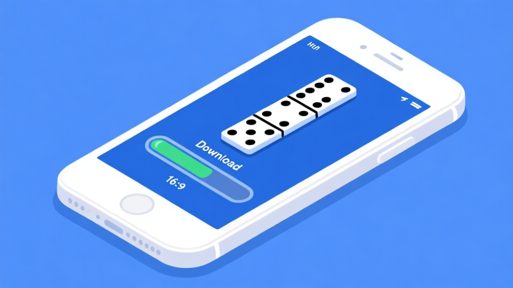 Illustration of smartphone with domino game interface, showing download progress bar, clean and modern design with blue and white color scheme high quality illustration, detailed, 16:9
