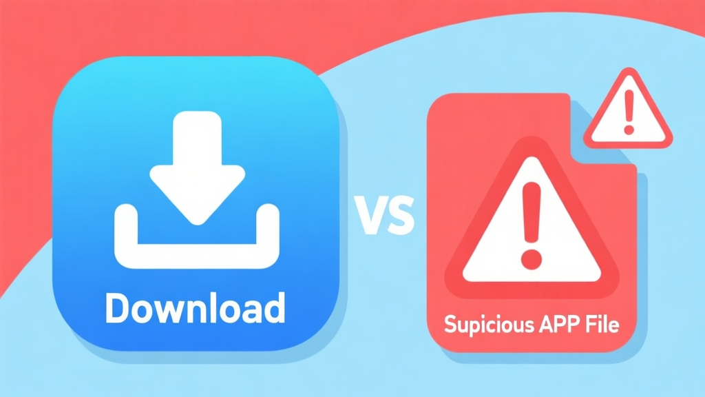 Illustration showing comparison between legitimate app download and suspicious APK file with warning signs, using soft blue and red color scheme, flat design style high quality illustration, detailed, 16:9