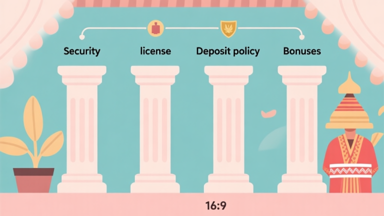 自动生成图片: Four pillar diagram showing security, license, deposit policy, and bonuses, with Indonesian cultural elements, soft pastel colors, clean infographic style high quality illustration, detailed, 16:9