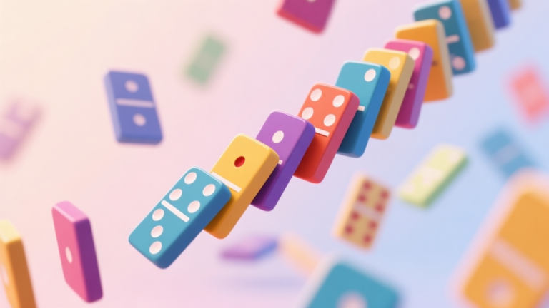 自动生成图片: Colorful domino tiles falling in sequence creating intricate patterns, soft pastel background, satisfying motion blur effect high quality illustration, detailed, 16:9