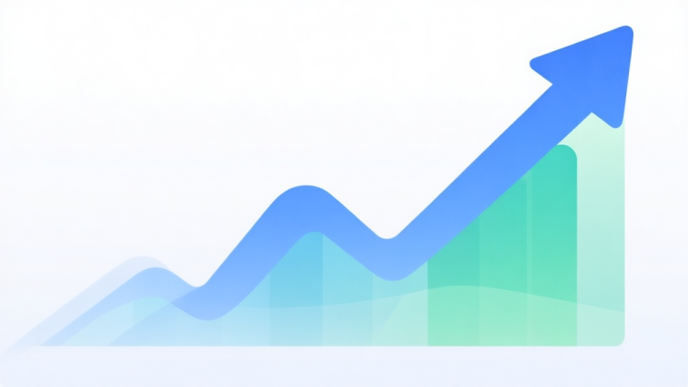 自动生成图片: Modern minimalist chart showing upward growth trend with soft blue and green gradient, abstract data visualization on clean white background high quality illustration, detailed, 16:9