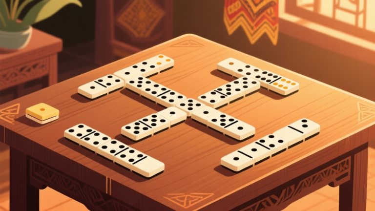 自动生成图片: Illustration of domino tiles arranged in strategic patterns on wooden table, warm lighting, traditional Indonesian setting, educational diagram style high quality illustration, detailed, 16:9