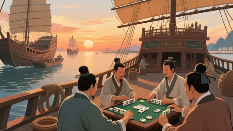 自动生成图片: Ancient Chinese merchant ship arriving at Indonesian archipelago port, with traders playing domino games on deck during sunset, historical style illustration high quality illustration, detailed, 16:9