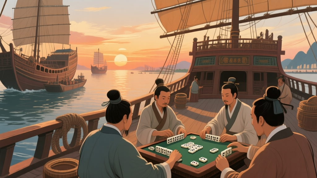 Ancient Chinese merchant ship arriving at Indonesian archipelago port, with traders playing domino games on deck during sunset, historical style illustration high quality illustration, detailed, 16:9