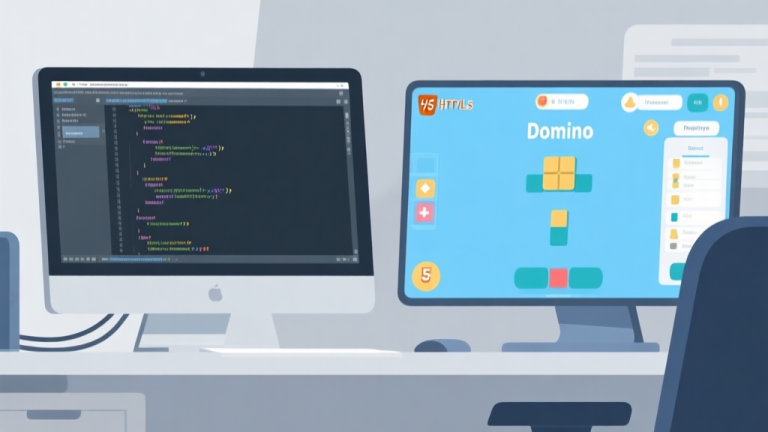自动生成图片: Developer workspace with HTML5 code editor on one screen and domino game interface prototype on another, soft blue and gray color scheme high quality illustration, detailed, 16:9