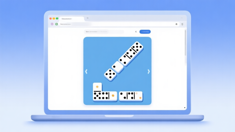 自动生成图片: Modern laptop showing a domino game interface in a web browser, clean minimalist design with soft blue and white color scheme high quality illustration, detailed, 16:9