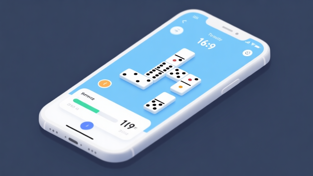 Minimalist smartphone showing domino game interface with performance metrics, light blue and white color scheme, clean design high quality illustration, detailed, 16:9