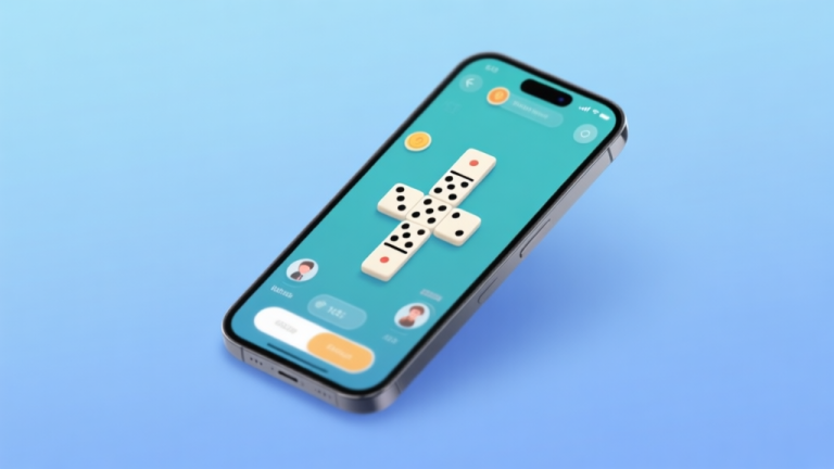 自动生成图片: Modern iPhone displaying domino game interface with clear tiles and smooth animation, soft blue background, minimalist design high quality illustration, detailed, 16:9