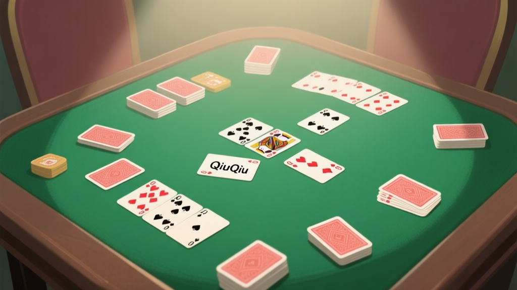Professional illustration of QiuQiu card game setup with cards arranged neatly on green felt table, soft lighting, muted color palette high quality illustration, detailed, 16:9