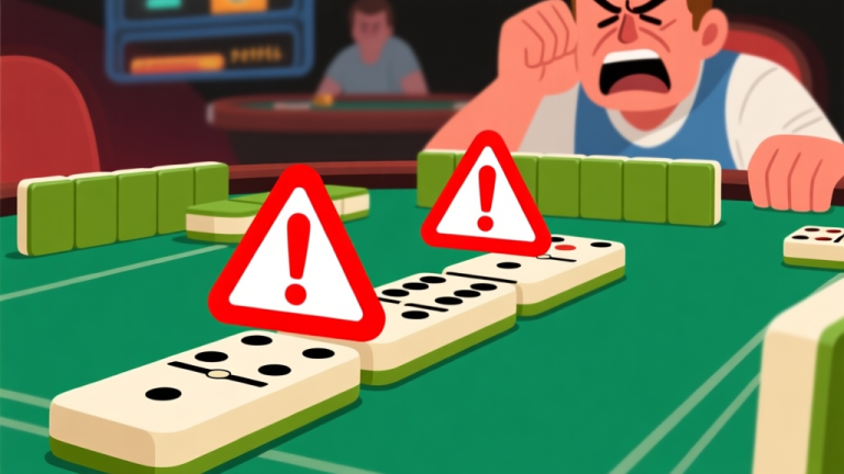 自动生成图片: Illustration showing domino pieces with intrusive pop-up ads blocking the game view, red warning symbols, frustrated player in background high quality illustration, detailed, 16:9