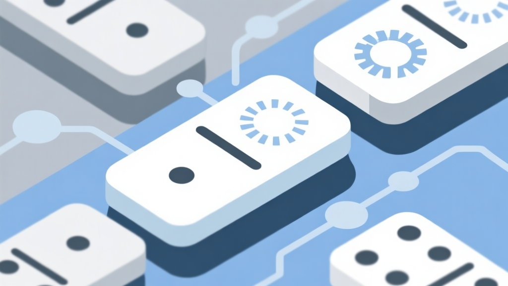 Abstract illustration showing domino pieces with loading icons and connection symbols, soft blue and gray color scheme, minimalist design high quality illustration, detailed, 16:9