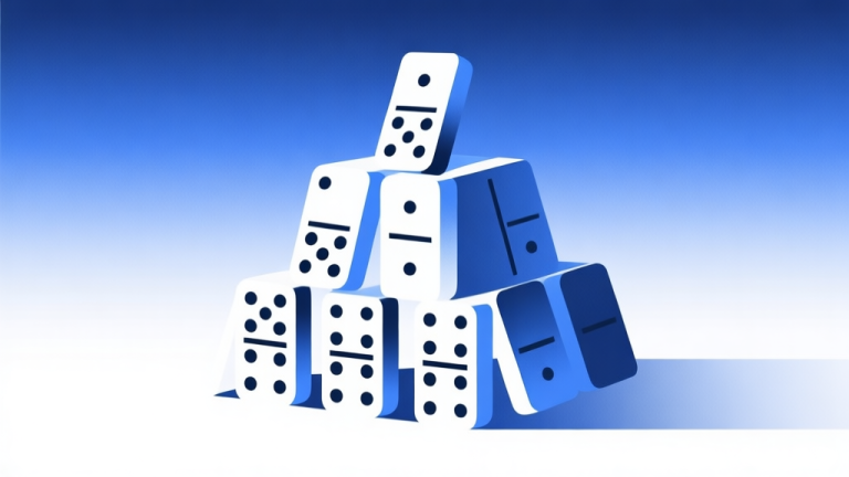 自动生成图片: Abstract illustration of domino pieces forming a stable pyramid structure, soft gradient background with blue and white tones, clean geometric design high quality illustration, detailed, 16:9